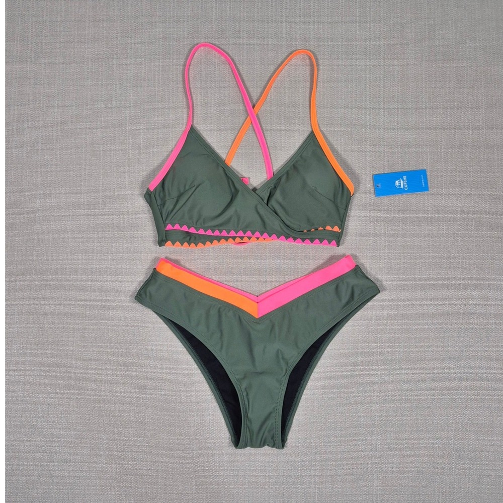 Cupshe Womens Bikini Set Olive Green Neon‎ Pink Scalloped Low Rise Size S NEW